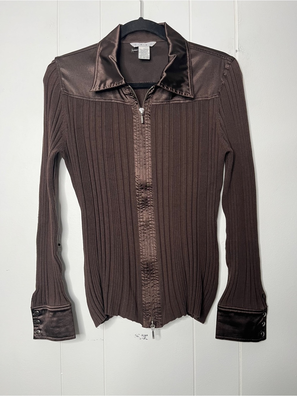 Cabi Chocolate Brown Silk Blend Ribbed Zip-Front Women’s Top Satin Panels Size L